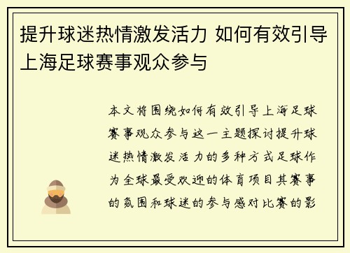 提升球迷热情激发活力 如何有效引导上海足球赛事观众参与